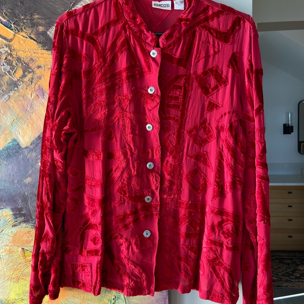 Chico's Vibrant Velvet Red Textured Blouse